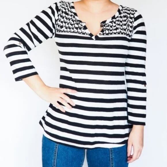 Anthropologie Postmark Bunny Rabbit Striped Henley Shirt Black Women XS - Picture 1 of 12